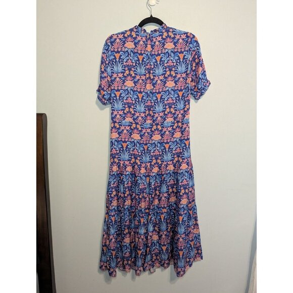 J. McLaughlin XS Dress Chessie Silk Blend Blue Floral Tiered Stained Glass Boho - Picture 10 of 12